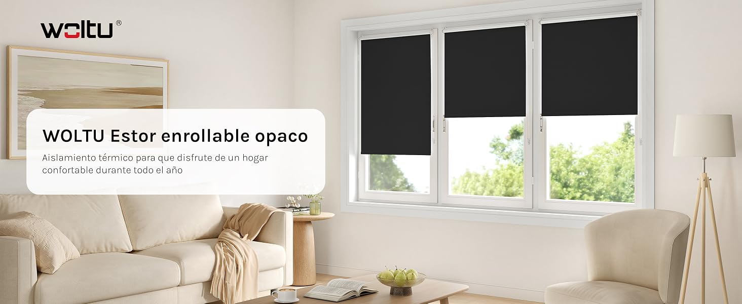 El texto dice «WOITU». Interior de dormitorio moderno con ropa de cama blanca y luz natural que entra por las ventanas. Decoración minimalista con colores claros.