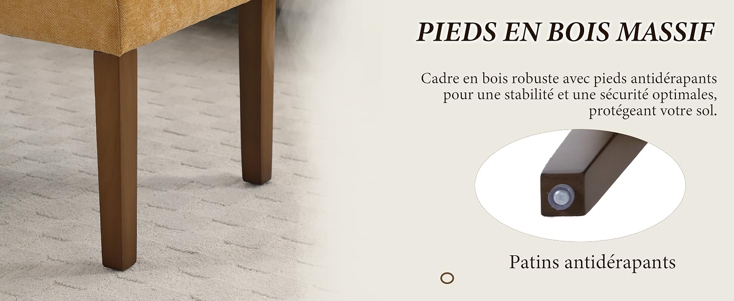Le texte indique « PIEDS EN BOIS MASSIF ». Plusieurs vues de pieds ou de pieds de meubles en bois massif, montrés attachés à ce qui semble faire partie d'un meuble.
