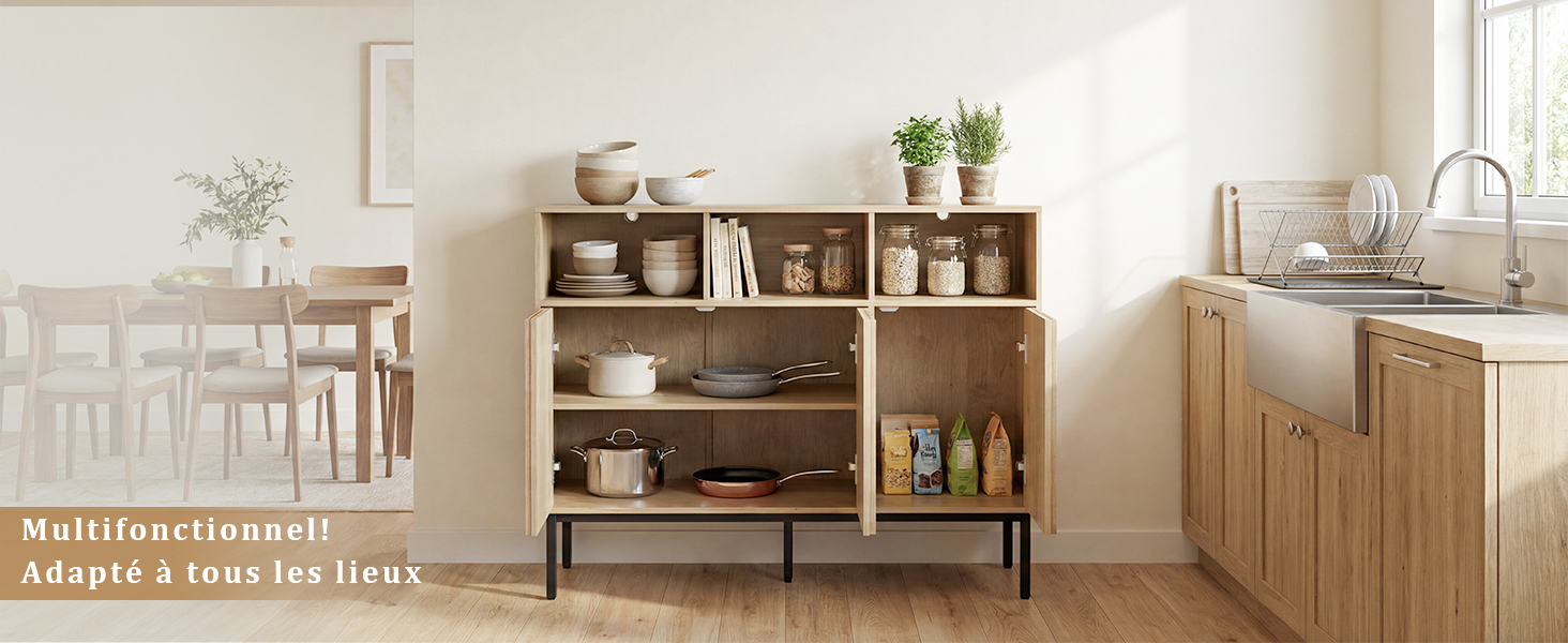 Le texte se lit comme suit : « Multifonctionnel ! S'adapte à tous les lieux. » Armoire de rangement en bois clair avec étagères ouvertes dans un décor intérieur minimaliste et lumineux.