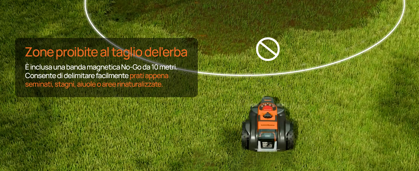 Il testo recita «Zone proibita al basso erbaccia» con simboli di avvertenza. Tosaerba robotizzato su campo in erba verde con linee di campo bianche e icona di divieto.