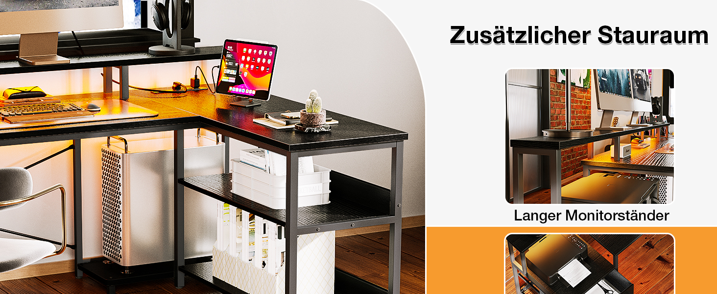 Schwarzer Computertisch mit zusätzlichem Stauraum. Verfügt über einen langen Monitorständer und mehrere Regale zur Organisation.