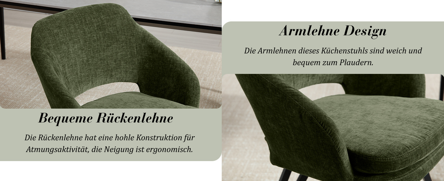 Der Text lautet: „Armlehne Design“, „Bequeme Rückenlehne“. Produktbild mit Designelementen des Stuhls in deutschem Text.