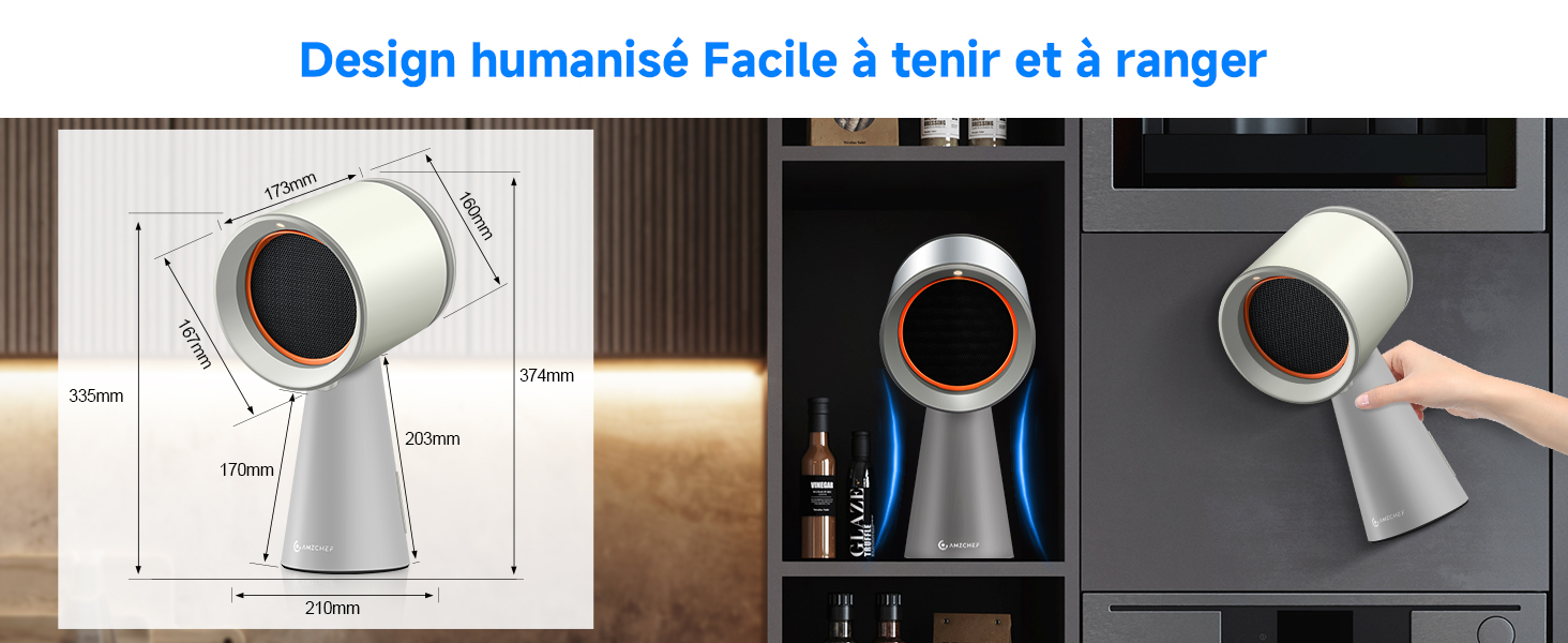 Le texte se lit comme suit : « Design humanisé Facile à tenir et à ranger ». Schémas techniques de conception de produits montrant les mesures et les spécifications de ce qui semble être un appareil portable.