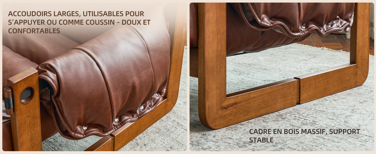 Vues multiples du fauteuil inclinable ou des composants du fauteuil en cuir brun, montrant les pièces mécaniques et les détails du rembourrage en gros plan.