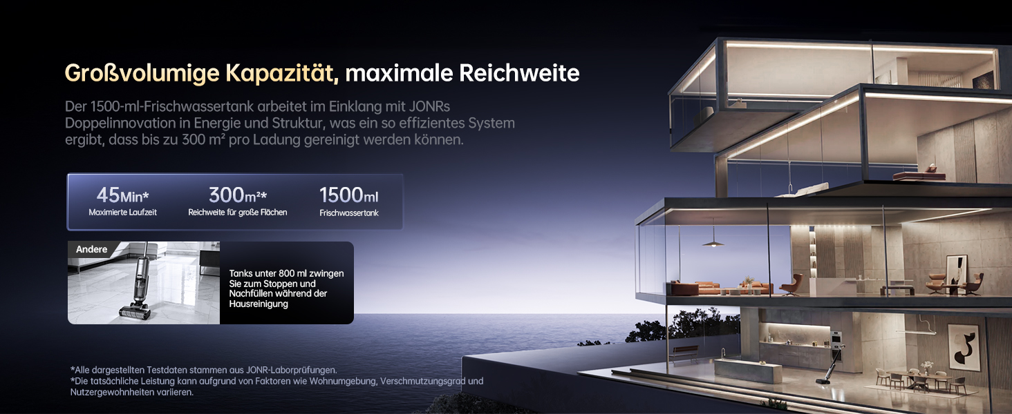 Architekturvisualisierung, die ein modernes, minimalistisches Wohninterieur mit Glaswänden, integrierter Beleuchtung und modernen Möbeln in der Abenddämmerung zeigt.
