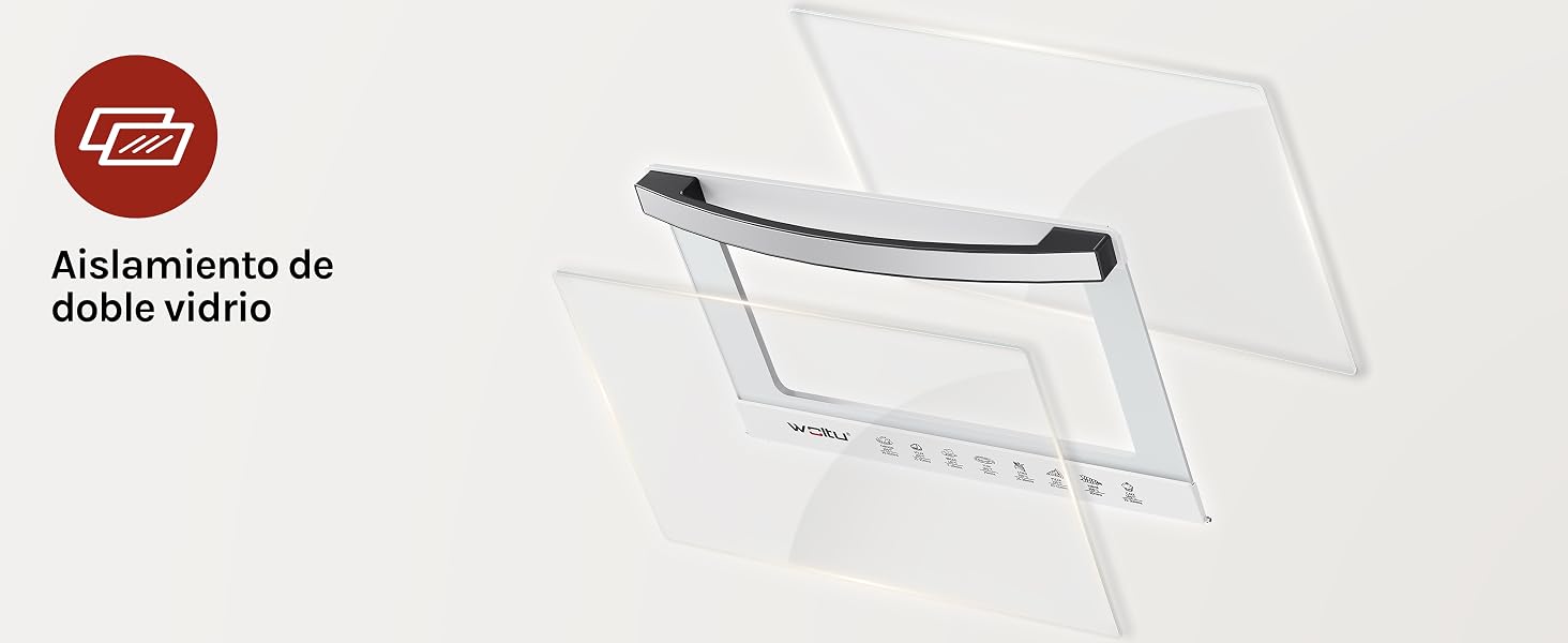 El texto dice «Aislamiento de doble vidrio». Foto del producto que muestra un panel o divisor de vidrio transparente con accesorios de montaje metálicos.