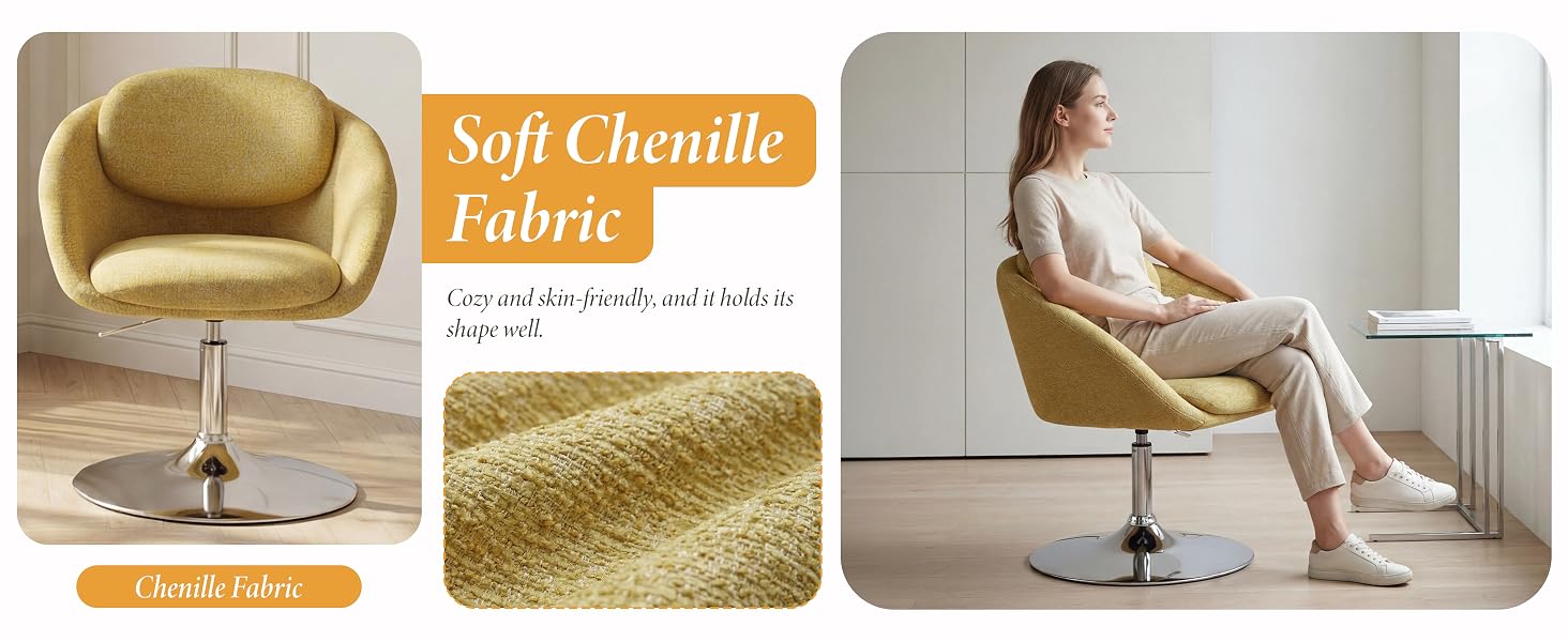 Text reads 'Soft Chenille' and 'Fabric'. Identical to Image 5, showing yellow-gold textured fabric material in multiple product and usage contexts.