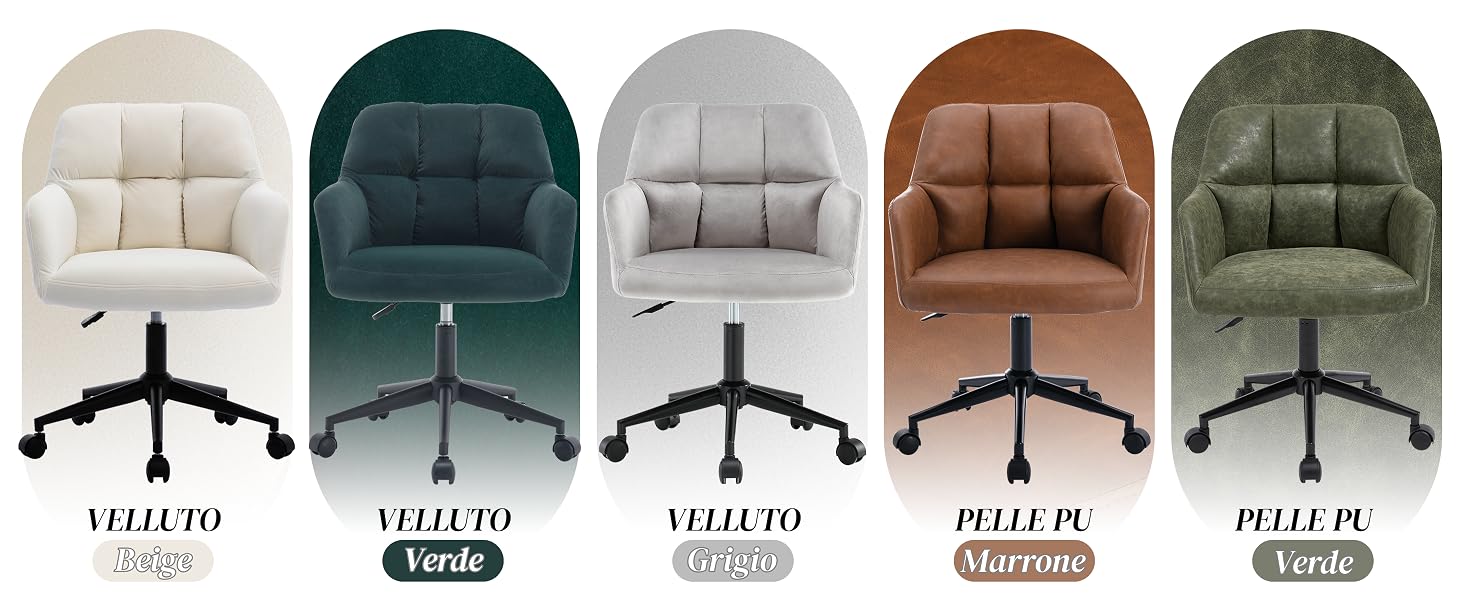 Collezione di design di poltrone etichettati «PEZZE» in vari colori tra cui verde scuro, marrone, grigio e beige, mostrati sia con immagini del prodotto che con visualizzazioni rotanti.