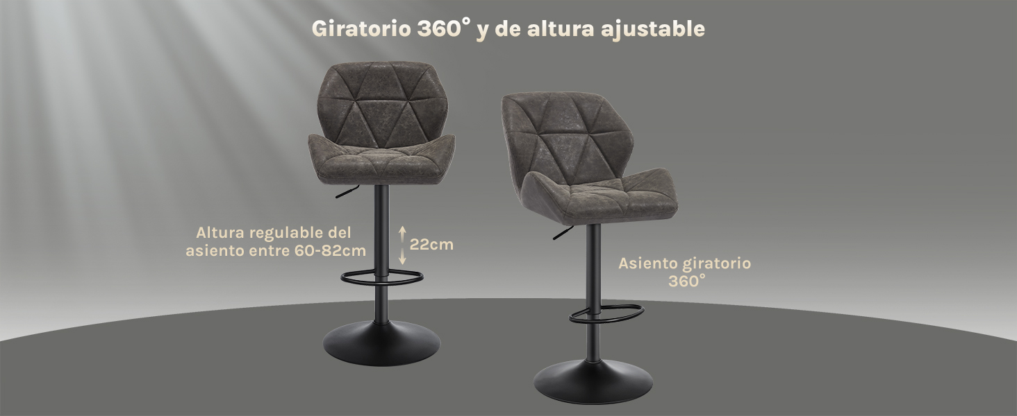 Dos modernos taburetes de bar de altura ajustable con asientos acolchados grises acolchados y bases de metal negro