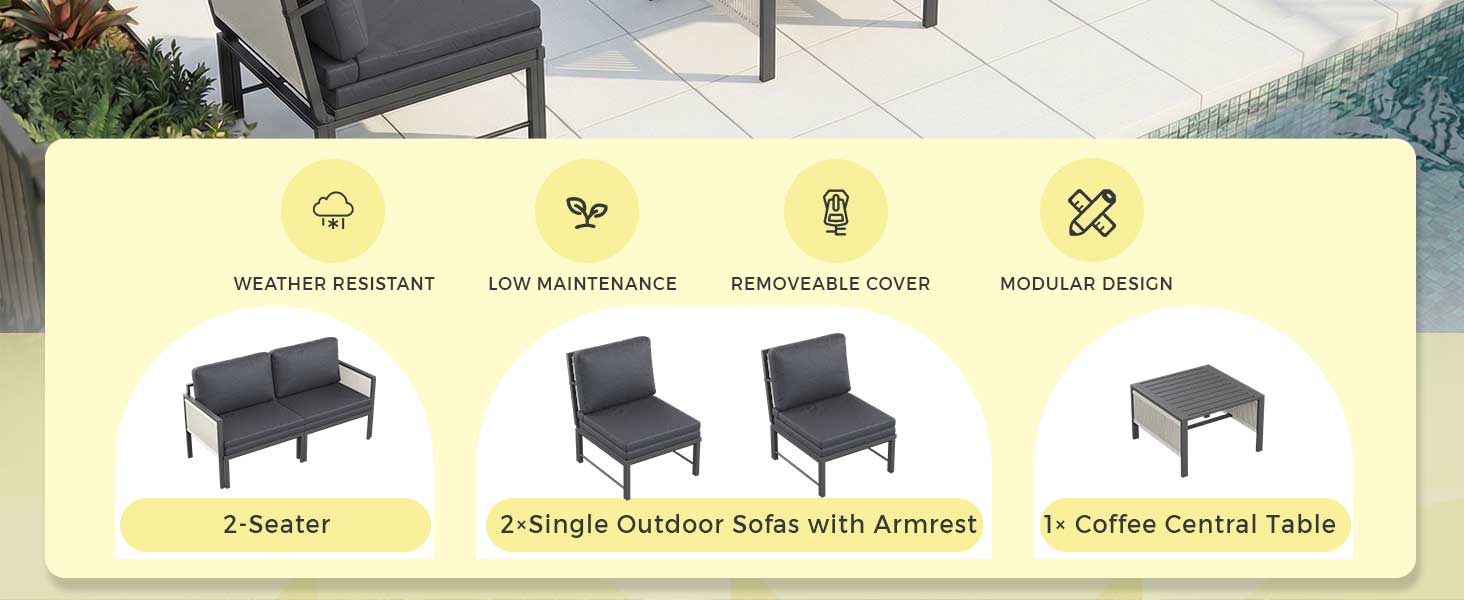 Text reads 'FEATURE ELEMENT', 'SUN RESISTANCE', 'REASONABLE PRICE', 'NO GAP DESIGN'. Product lineup showing outdoor furniture including sofa, chairs, and coffee table.