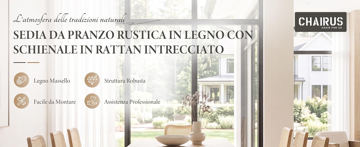Il testo recita 'SEDIA DA PRANZO RUSTICA IN LEGNO CON SEDUTA IN RATTAN DISPONIBILE QUARO' con il logo 'CHARME'. Sala interna con mobili ed elementi decorativi mostrati.