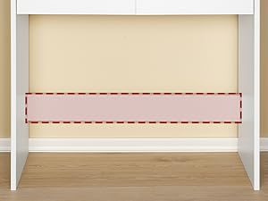 Series of images showing installation measurement guide with red dotted lines indicating proper placement dimensions for a wall-mounted product.
