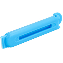 Blue plastic tool or implement shown from multiple angles against white background. Object has an elongated shape with curved edges.