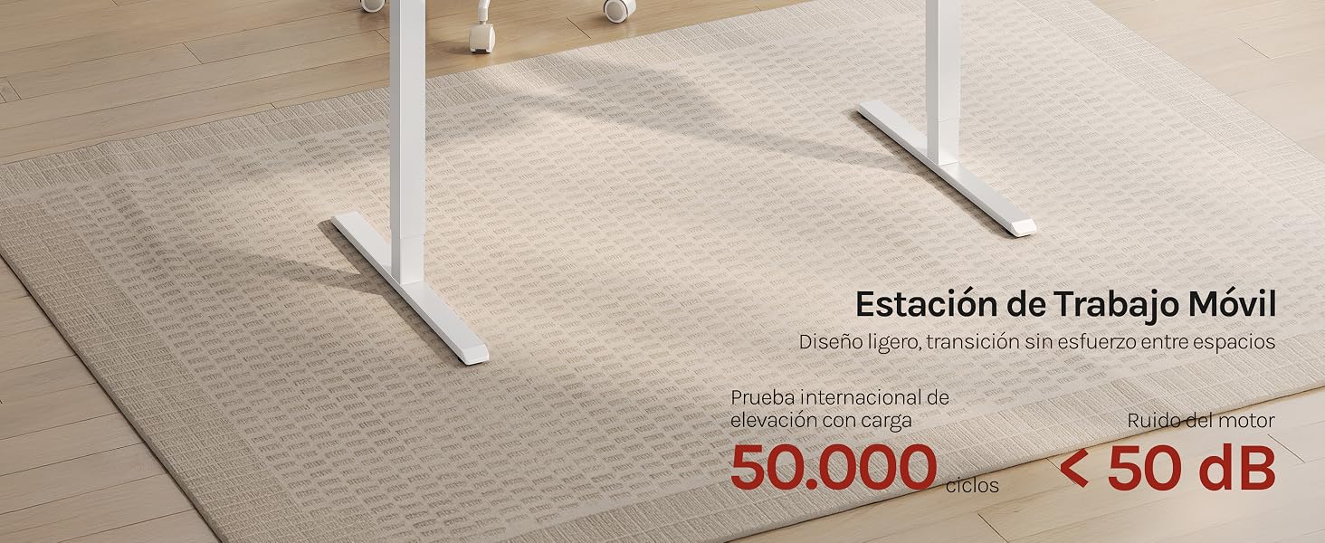 El texto dice «Estación de Trabajo Móvil» con las especificaciones «50 000» y «< 50 dB». Foto del espacio de trabajo interior con la configuración de una estación de trabajo móvil sobre un piso de concreto con muebles mínimos.
