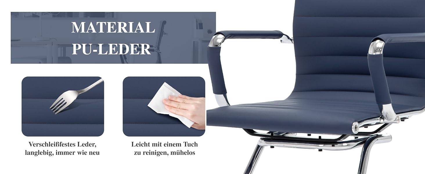 Der Text lautet „MATERIAL“ und „PU-LEDER“. Produktdemonstration mit blauem Material aus verschiedenen Blickwinkeln und Detailaufnahmen der Konstruktion.
