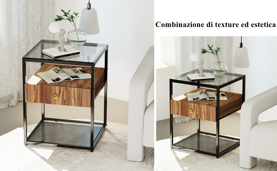 Tavolino Lato Divano Comodino Tavolino da caffe, Cassettiera con Piano in Vetro Temperato Soggiorno