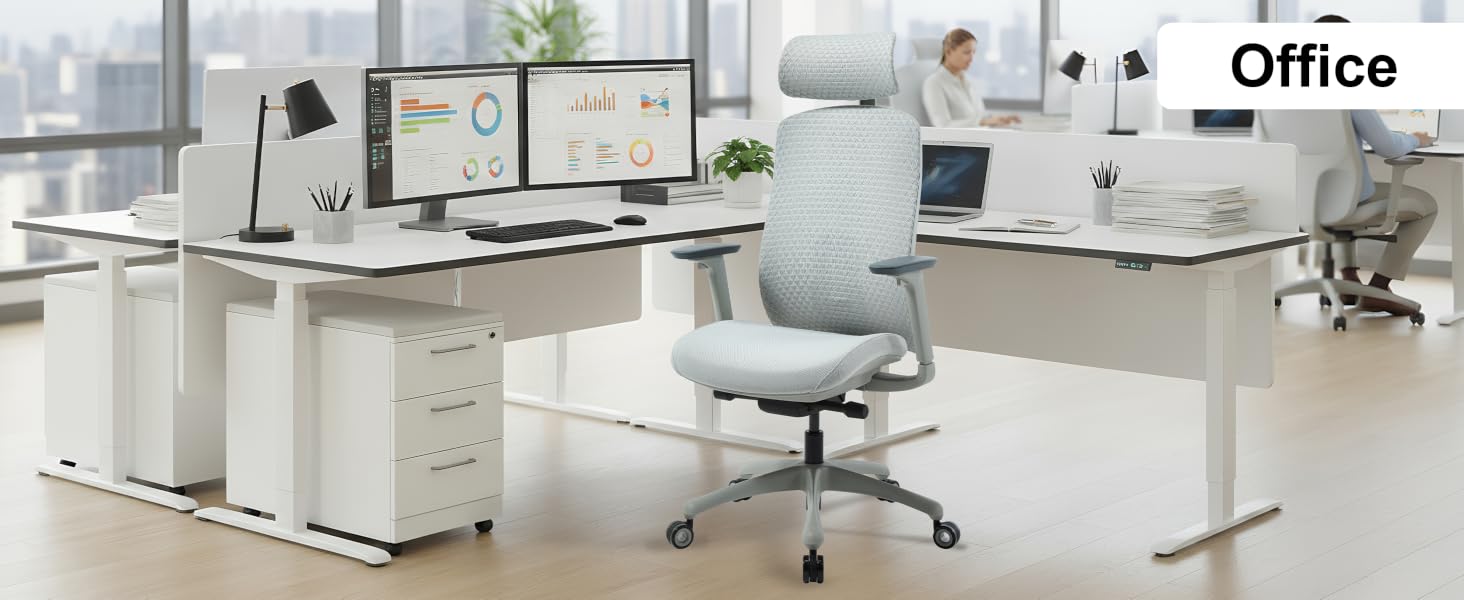 Text reads 'Office'. Modern open-plan office space with white desks, ergonomic chairs, and clean minimal design. Multiple workstations arranged in rows with bright lighting.