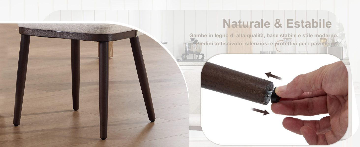Il testo recita: «Naturale &amp; Estabile». Immagine divisa che mostra uno sgabello in legno e un primo piano del giunto o del collegamento in legno.