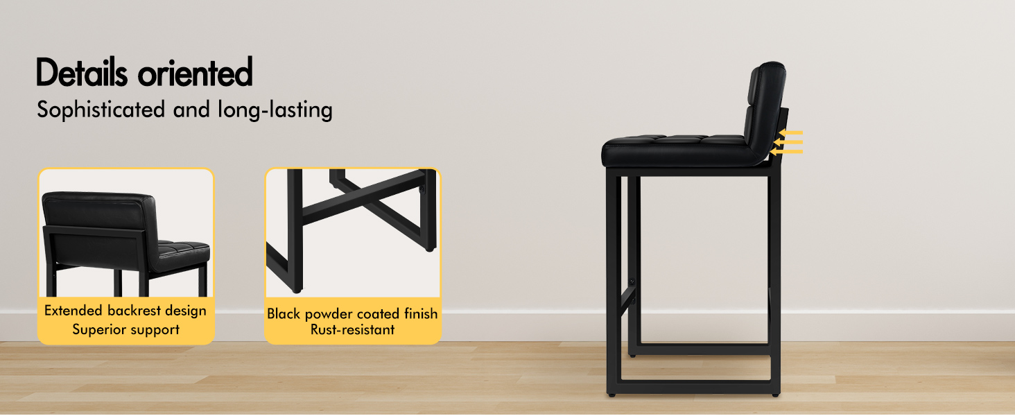 Text reads 'Image 2', 'Details oriented', 'Sophisticated and long-lasting'. Shows black metal frame furniture pieces arranged in a linear display against light flooring.