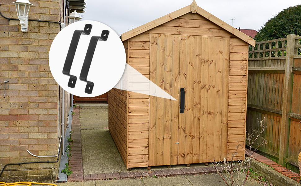 Wooden garden shed with pitched roof and double doors. Inset image shows two black metal door handles or pulls.