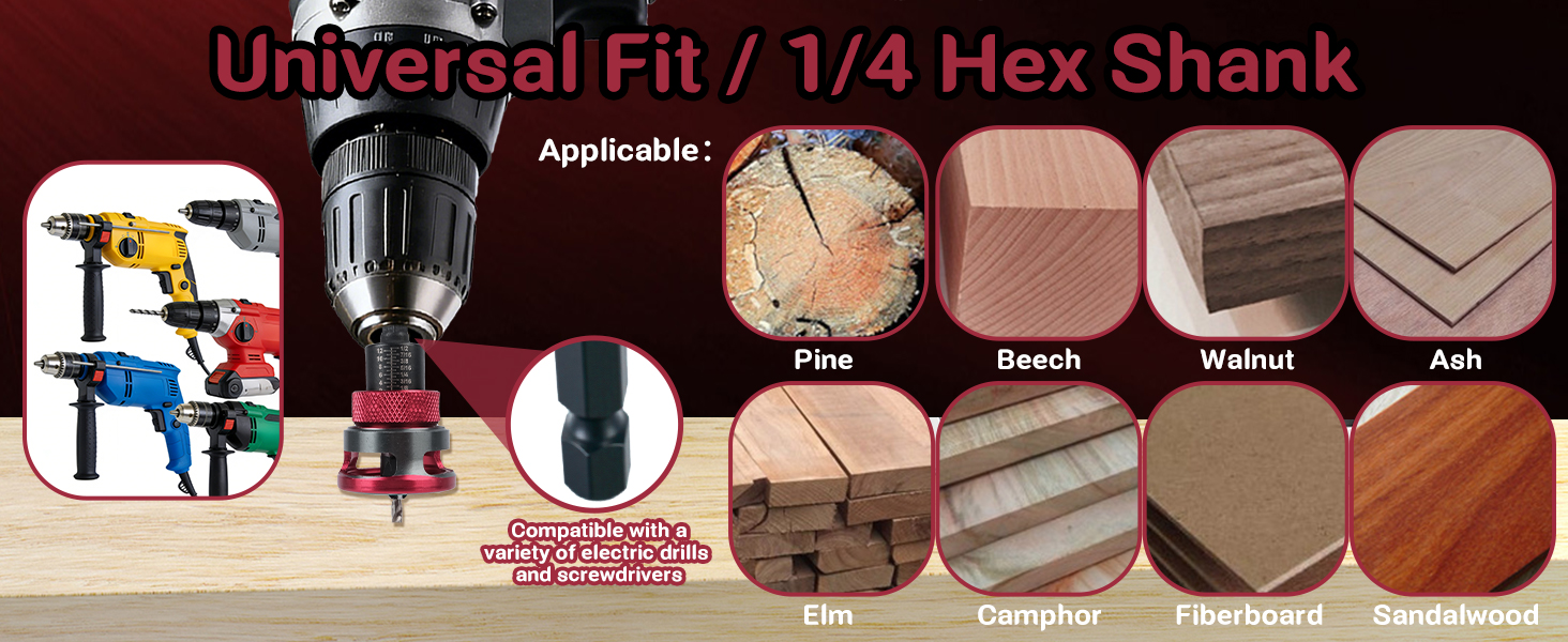 Le texte indique « Universal Fit/1/4 Hex Shank ». Démonstration du produit montrant différents forets ou accessoires sur différents échantillons de surface en bois.