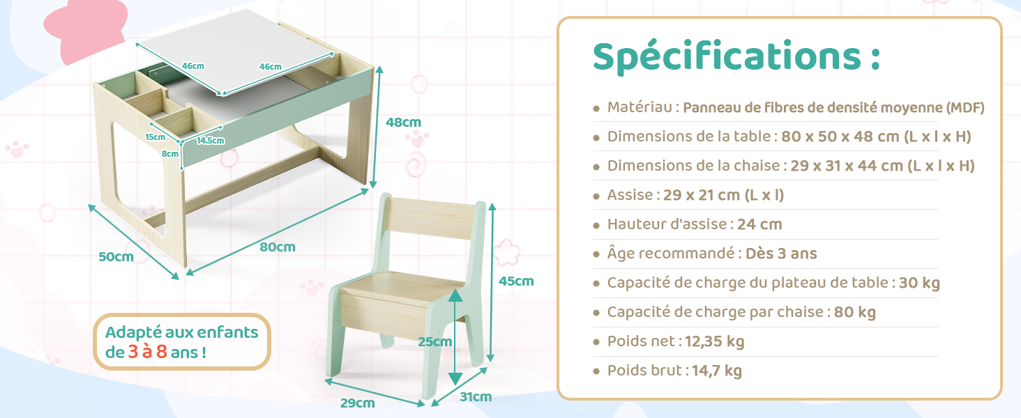Le texte se lit comme suit : « Spécifications : » avec la liste des spécifications du produit en français. Schéma d'instructions illustrant l'assemblage d'une table de jeu portable avec différentes configurations et composants.