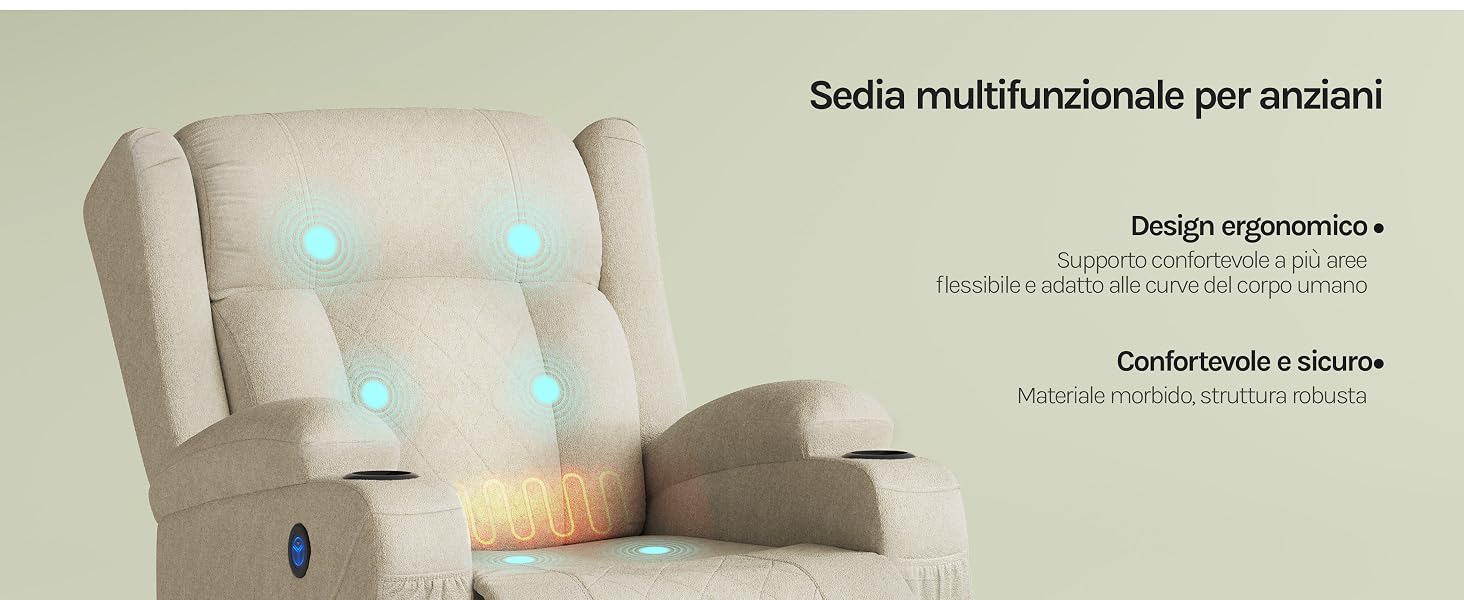 Poltrona imbottita beige con punti di accento blu illuminati e sovrapposizione di testo