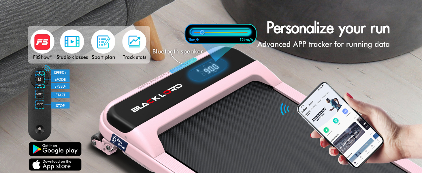 Text reads 'Personalize your run' with app store icons and smartphone display. Smart treadmill interface in pink and black with connected mobile app demonstration.