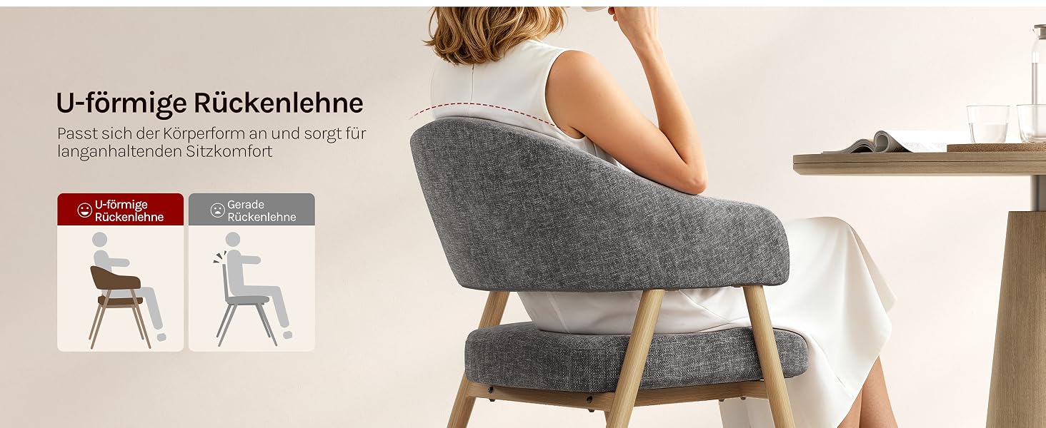Der Text lautet „U-förmige Rückenlehne“. Grauer Polsterstuhl mit geschwungener Rückenlehne, von hinten betrachtet, mit sichtbaren Produktdetails.