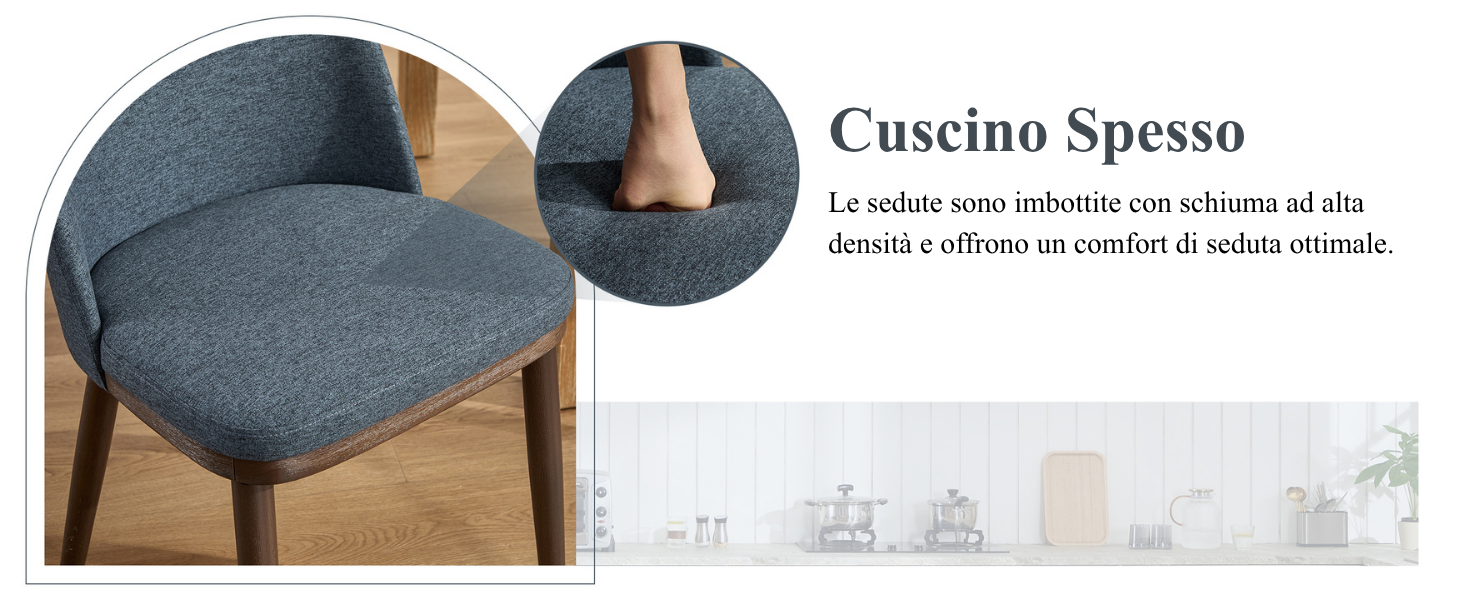 Il testo recita «Cuscino Spesso». Immagini del prodotto che mostrano un cuscino o un materassino grigio da diverse angolazioni.