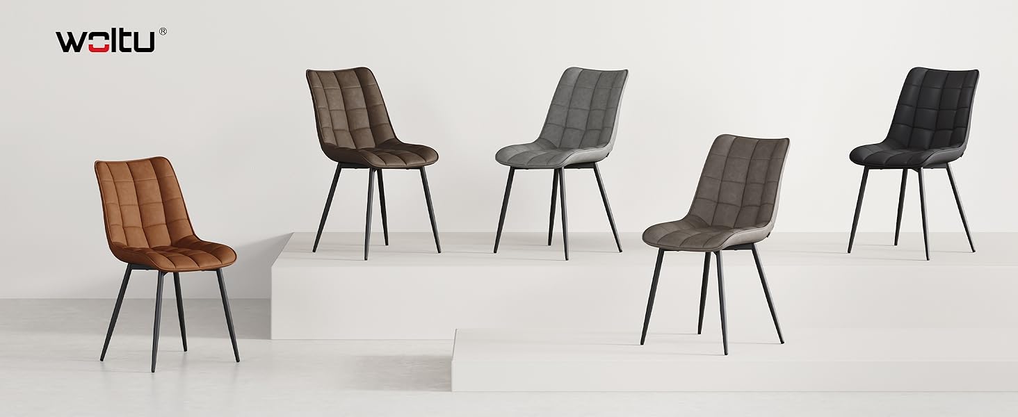 Text reads 'WOLTU'. Product showcase of dining chairs in various colors including brown, grey, and black, featuring channel-tufted upholstery and metal legs.