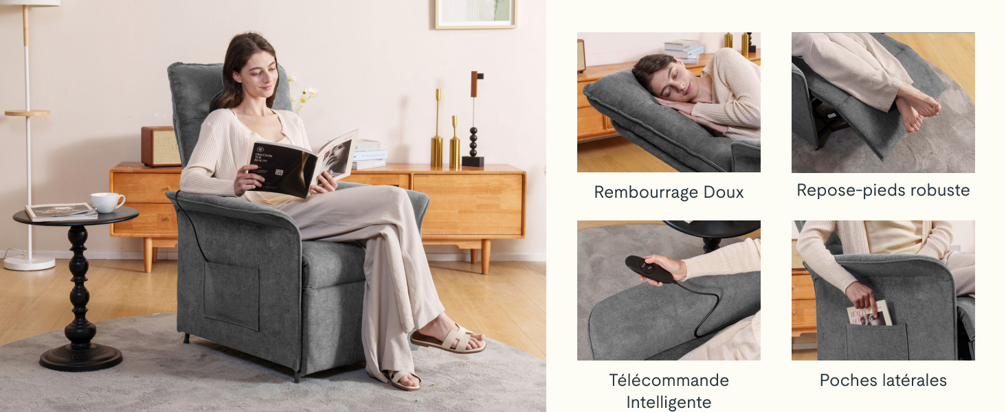 avec télécommande. Les caractéristiques comprennent des poches latérales, un repose-pieds robuste et des accoudoirs rembourrés. Femme démontrant le confort de la chaise en lisant et en se relaxant.