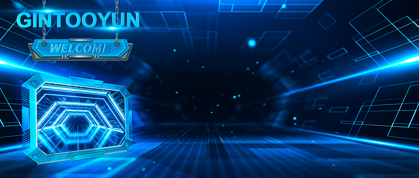 Futuristic blue digital interface with hexagonal shapes and glowing lines. Text 'GINTOOYUN' and 'WELCOME' visible in the upper left corner.