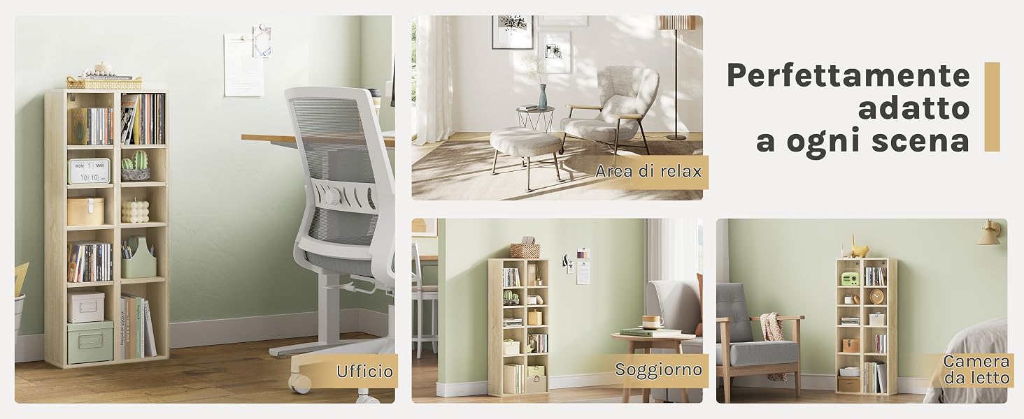 Sistema di librerie modulari in legno presentato in vari ambienti. Presenta ripiani regolabili e un design simile a una scala. Soluzione di archiviazione versatile per diversi spazi