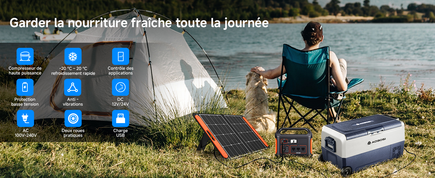 dans un camping au bord d'un lac avec interface affichant plusieurs modes de refroidissement, placée à côté d'une tente de camping