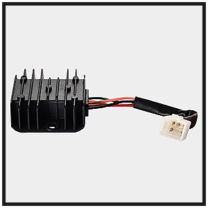 Black electronic component with heat sink fins and attached wires. Appears to be a voltage regulator or power converter for automotive or electronic use.