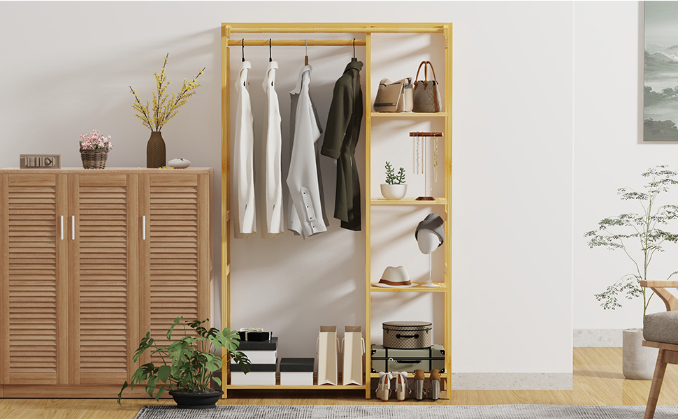 Bamboo Garment Rack 6 Tier Storage Shelves Clothes Hanging Rack with Side Hooks Wardrobe Closet