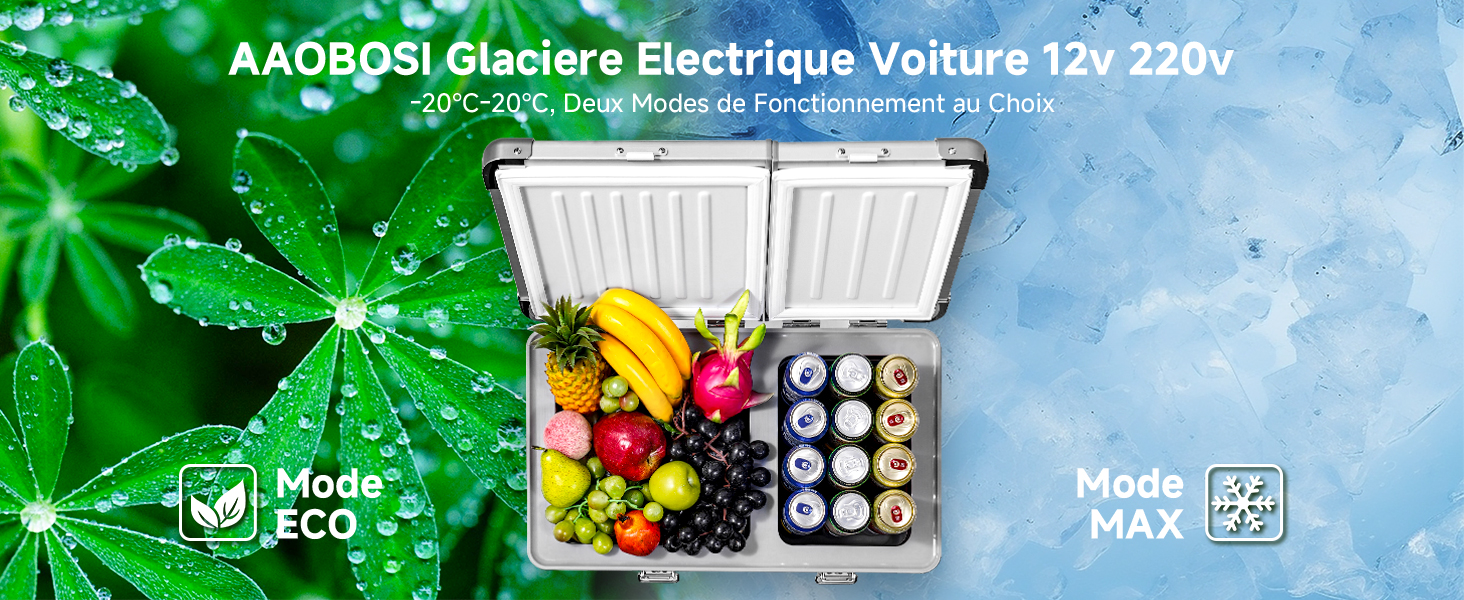Le texte indique « AAOROSL Glacière Électrique Voiture 12v 220v ». Glacière électrique à double alimentation avec rangement compartimenté pour les boissons et les produits alimentaires avec badge de certification écologique.