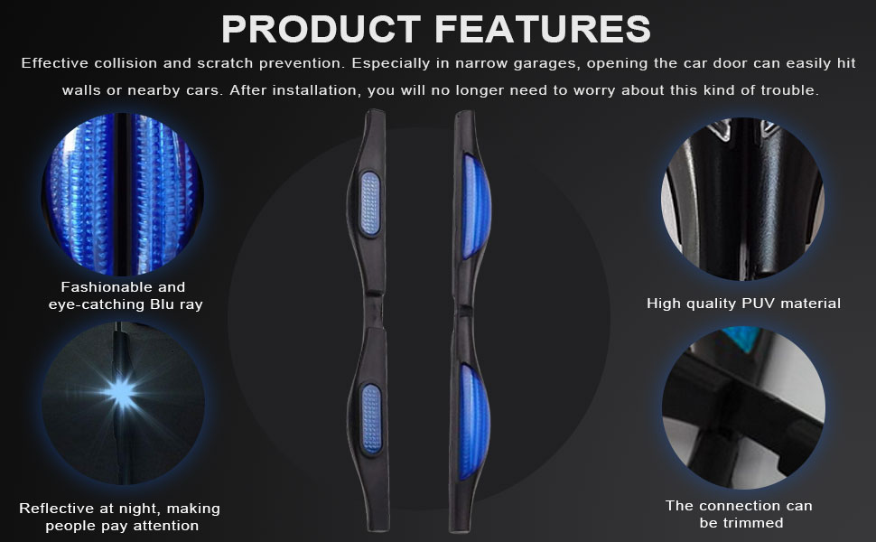 Car door edge protector strips featuring blue and black sections, made of PUV material with reflective elements. Product highlights collision prevention and trimming capabilities.