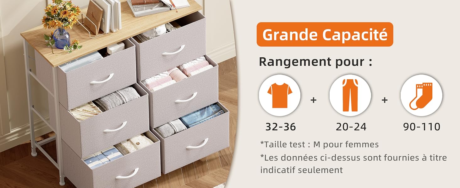 Le texte indique « Grande Capacité » et « Rangement pour : 32-36, 20-24, 90-110 ». Organiseur de rangement blanc à plusieurs tiroirs avec compartiments contenant des vêtements pliés, présentés en perspective inclinée.