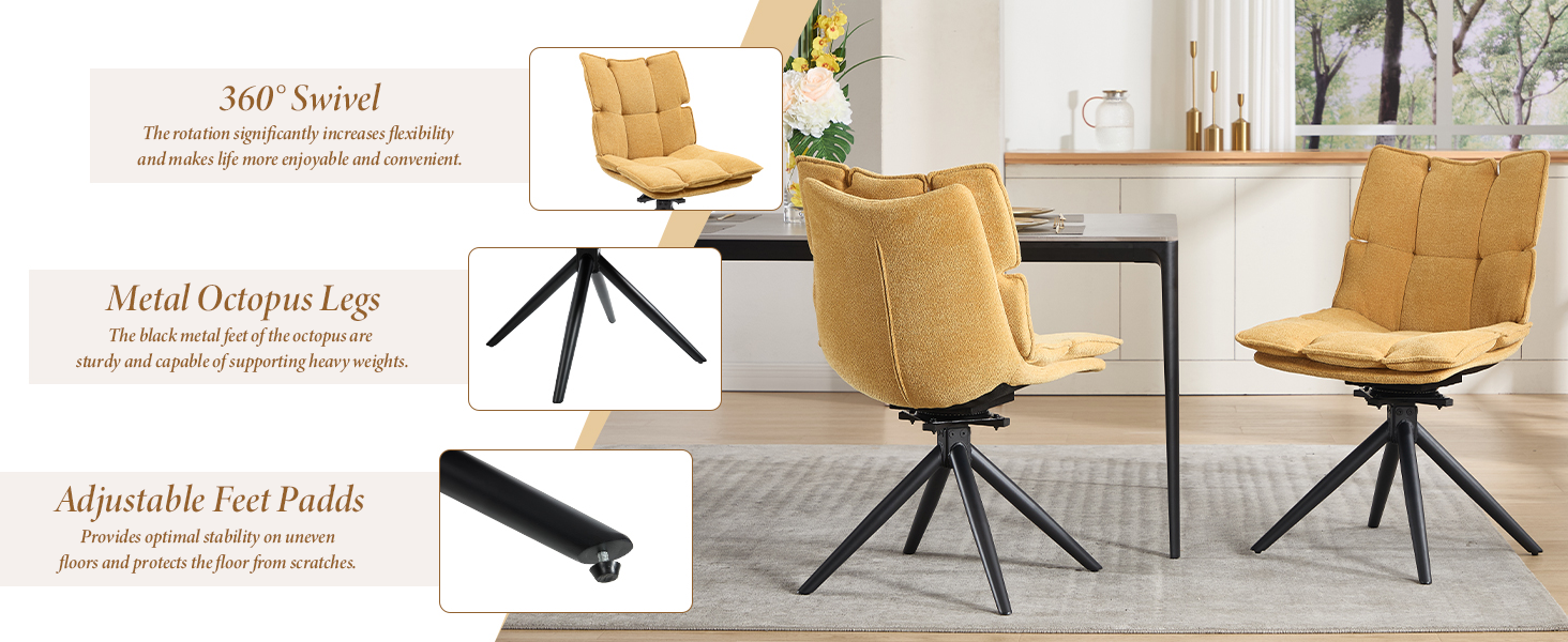 Text reads '360° Swivel', 'Metal/Octagon Legs', and 'Adjustable Foot Pads'. Modern dining chairs with woven texture and black metal swivel base shown from multiple angles.