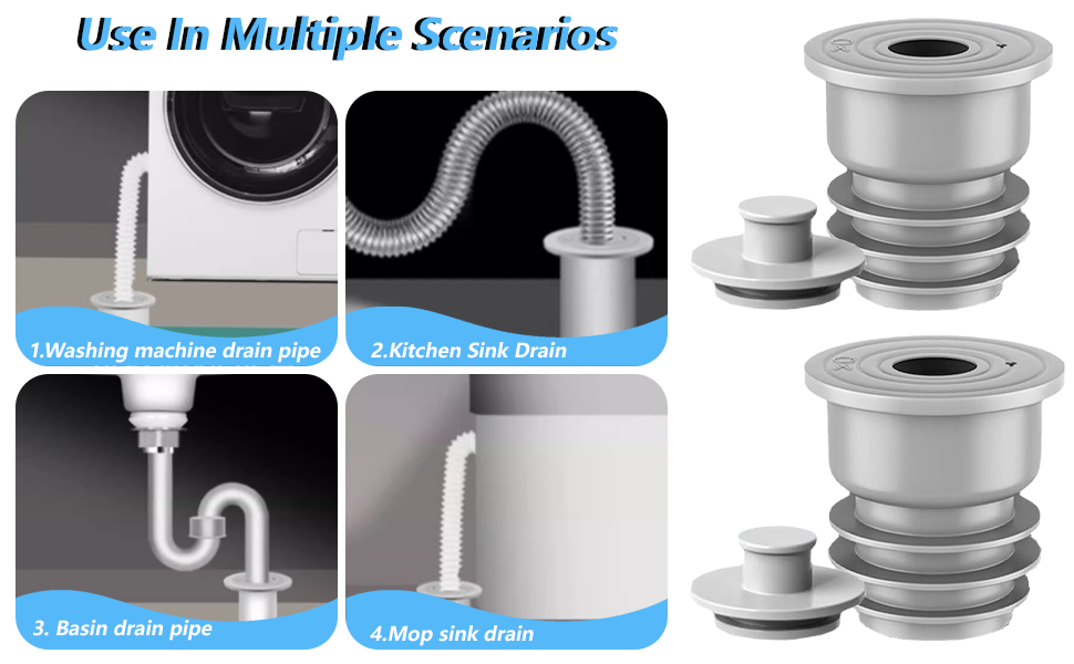 Sistema de manguera de desagüe flexible con múltiples accesorios. Se muestran cuatro casos de uso: desagües de lavadoras, fregaderos de cocina, lavabos y fregaderos. Se muestran dos juegos de accesorios acanalados apilables en