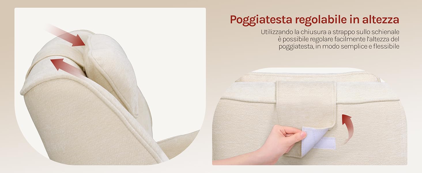 Il testo recita «Poggialesta regolabile in altezza» (Poggialesta regolabile in altezza). Cuscino in tessuto beige con funzione di regolazione dell'altezza, mostrato in due visualizzazioni: posizione angolata e dimostrazione della regolazione piatta.