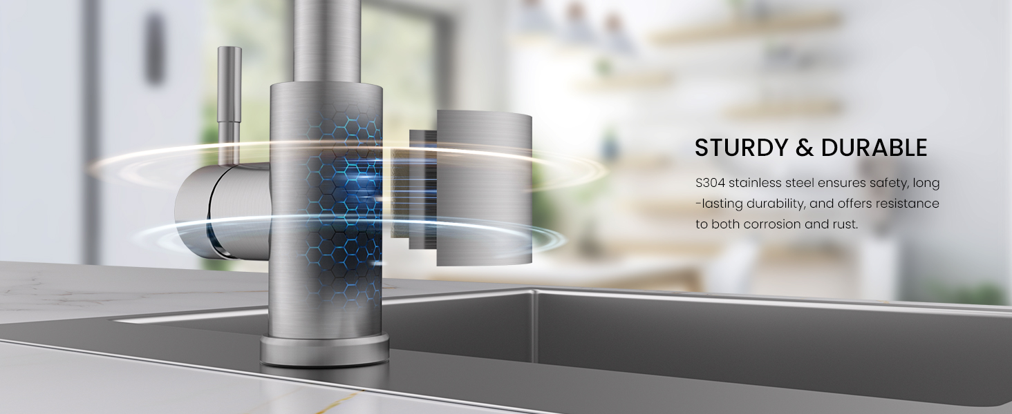 Metallic cylindrical water filtration device displayed in kitchen setting with text overlay highlighting 'Sturdy &amp; Durable' features.