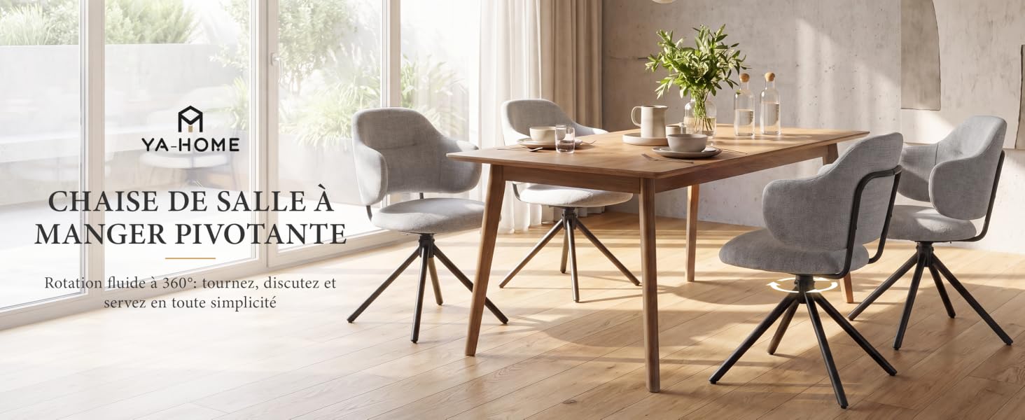Le texte indique « VALDINOX », « CHAISE DE SALLE À MANGER PIVOTANTE ». Salle à manger moderne avec table en bois, chaises rotatives rembourrées grises, lampes suspendues et grandes fenêtres laissant entrer la lumière naturelle.