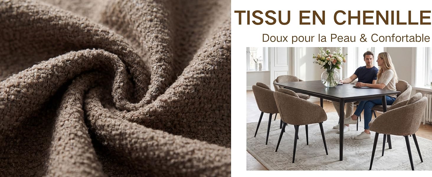 Le texte indique « TISSU EN CHENILLE » et « Doux pour la Peau &amp; Comfortable ». Image divisée montrant un gros plan sur un tissu texturé et une scène de sièges intérieurs avec des chaises et une table rembourrées.