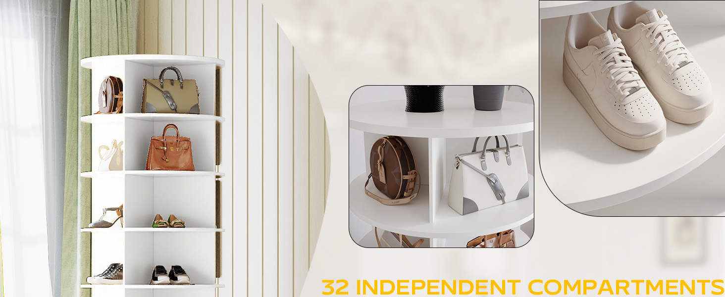 Text reads "5 INDEPENDENT COMPARTMENTS". White wall-mounted shelving unit with multiple compartments displaying shoes, accessories, and decorative items; sneakers shown on right side.