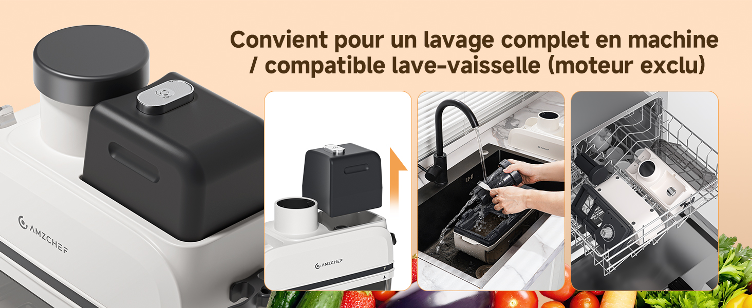 Le texte se lit comme suit : « Convient pour un lavage complet en machine/compatible lave-vaisselle (moteur exclu) ». Plusieurs panneaux montrant un appareil noir et une démonstration de nettoyage du lave-vaisselle.
