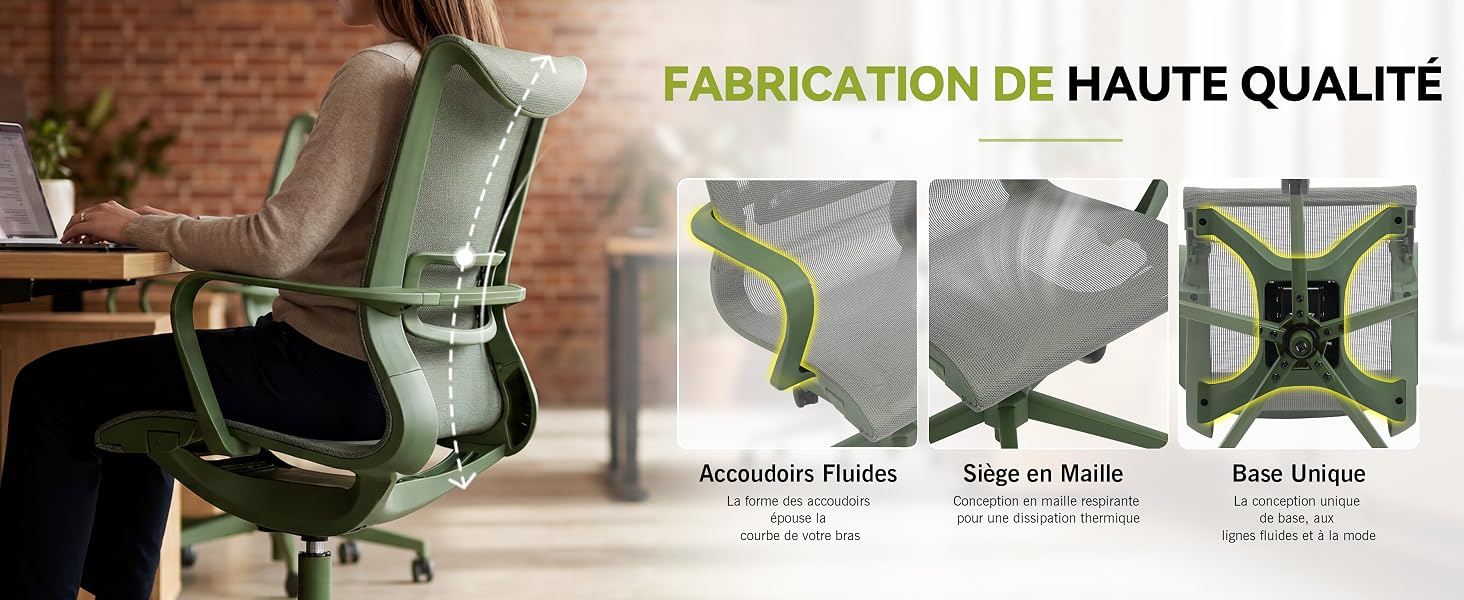 Le texte indique « FABRICATION DE HAUTE QUALITÉ ». L'image montre les détails de fabrication du tissu à l'aide d'échantillons de matériaux texturés et de trois panneaux rapprochés présentant différents motifs de tissage et techniques de construction.