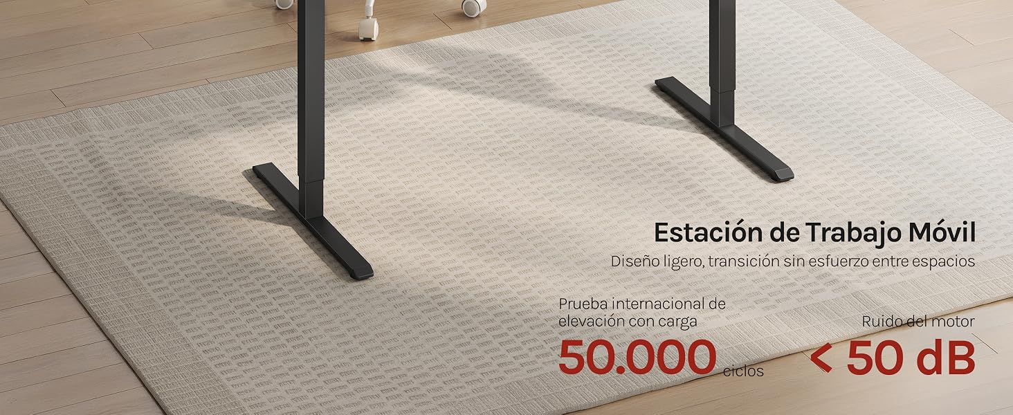 El texto dice «Estación de Trabajo Móvil» con especificaciones y «Precio desde 50.000... solo < 50 dB». La imagen muestra el marco ajustable de una estación de trabajo móvil en un entorno de oficina o espacio de trabajo con especificaciones acústicas.